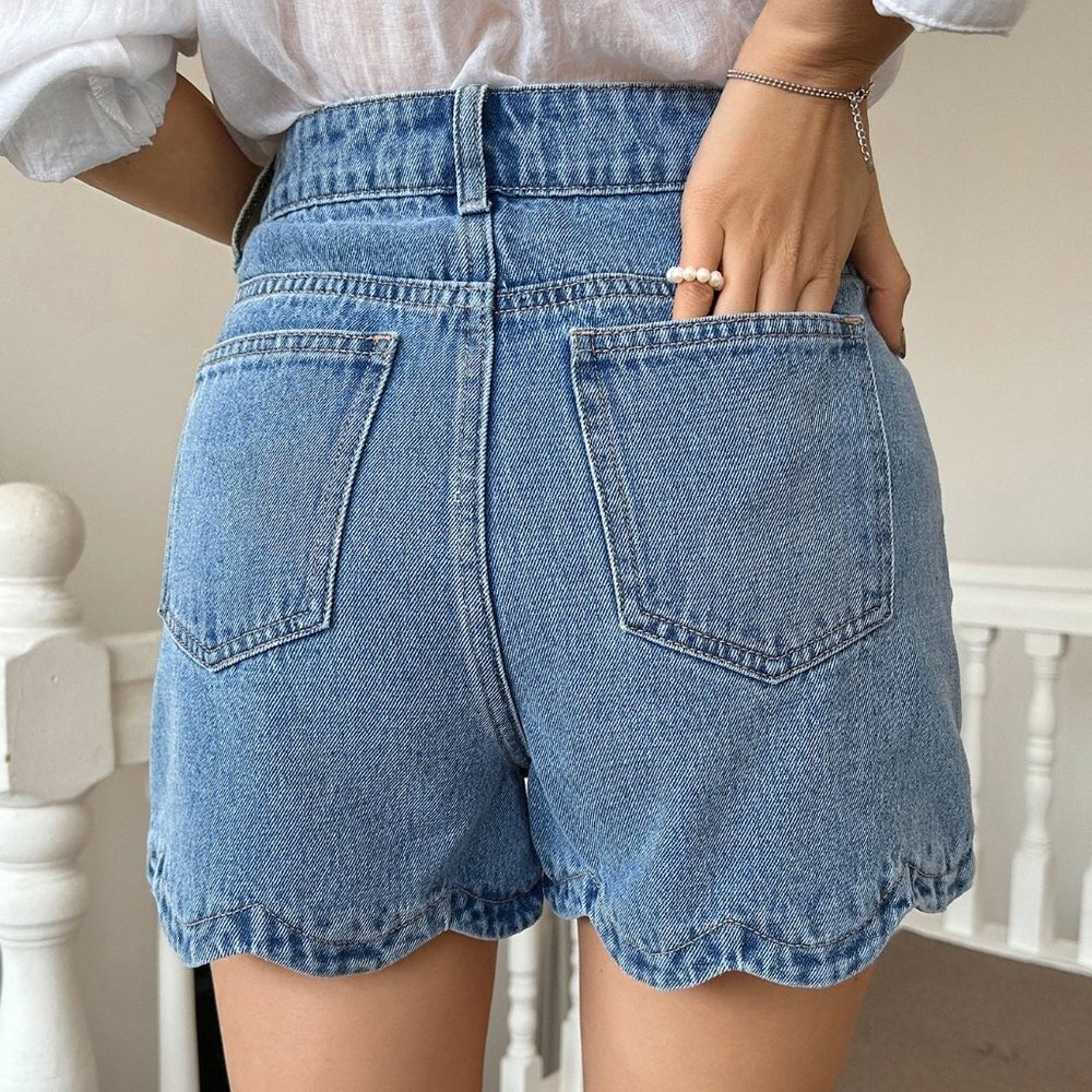 Blue Casual Womens Slant Pocket Scallop Trim Denim Shorts - Picture 2 of 5